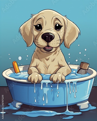 the Labrador take a bath in the bathtub with happy