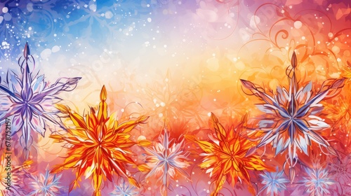  a painting of a bunch of flowers on a blue, yellow, orange and pink background with swirls and snowflakes on the bottom of the image and bottom half of the image.