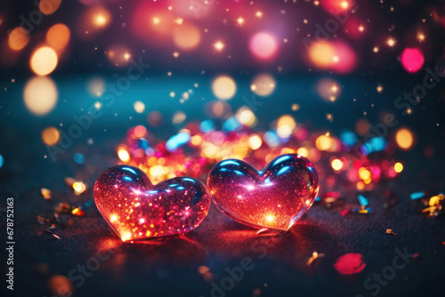 Beautiful shiny background with bokeh effect. Two transparent hearts, sparkles and bright lights, love concept, party.