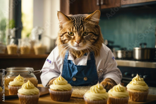 Bright advertising image, a cute cat dressed as a chef in a fashionable kitchen prepares delicious cupcakes with yellow cream, kawaii character. photo