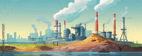 An industrial road leads to the plant. Pollution of the environment by a metallurgical plant. Factory pipes emit smoke. Industry landscape in summer. AI generated illustration