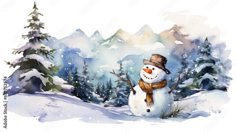  a watercolor painting of a snowman with a hat and scarf standing in the snow in front of a snowy mountain with evergreen trees and snow covered with snow.