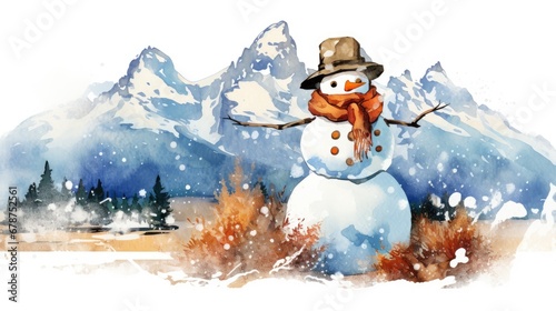  a watercolor painting of a snowman wearing a hat, scarf, and a scarf around his neck, in front of a snowy mountain scene with trees and snow.