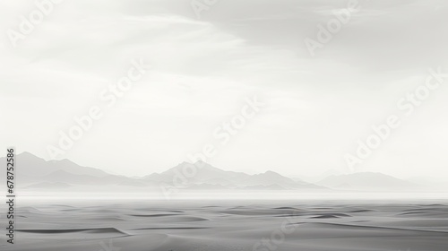  a black and white photo of a desert with mountains in the background and a foggy sky in the foreground, with a few clouds in the foreground.
