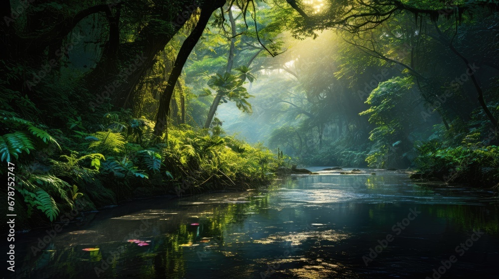 a stream running through a lush green forest filled with lots of trees and bushes on either side of the stream is a lush green forest filled with lots of trees and water. a stream running through a lush green forest filled with lots of trees and bushes on either side of the stream is a lush green forest filled with lots of trees and water.