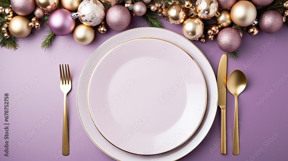 a plate with a fork, knife, and spoon on a purple background surrounded by christmas ornaments and bauben balls, with a gold fork and knife and spoon. a plate with a fork, knife, and spoon on a purple background surrounded by christmas ornaments and bauben balls, with a gold fork and knife and spoon.