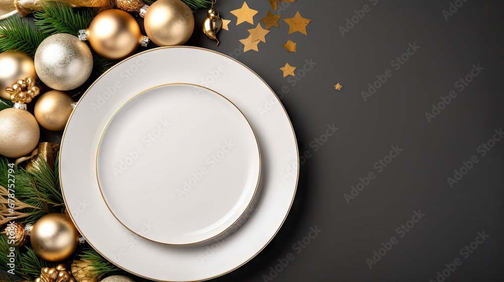a white plate sitting on top of a white plate on top of a table next to gold ornaments and a star on top of a black background with gold stars. a white plate sitting on top of a white plate on top of a table next to gold ornaments and a star on top of a black background with gold stars.