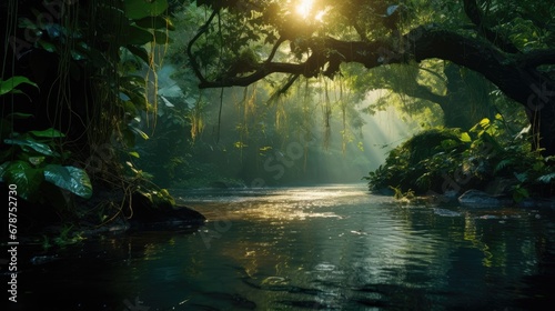  the sun shines through the trees over the water in a jungle like area with a river running through the center of the area  surrounded by lush vegetation and hanging overhanging trees.
