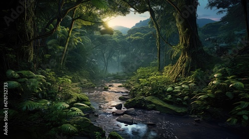  a painting of a stream running through a lush green forest filled with trees and ferns, with the sun peeking through the trees to the left of the stream, and to the right. © Shanti