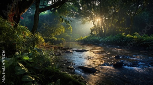  a stream running through a lush green forest filled with lots of trees and bushes next to a forest filled with lots of tall green trees and leaf covered with lots of leaves.