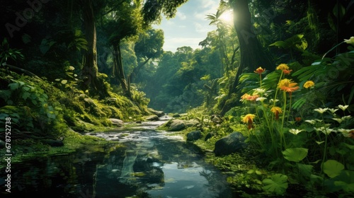  a painting of a stream running through a lush green forest filled with trees and flowers on either side of the stream is a stream of water surrounded by lush vegetation.