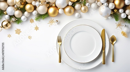  a white plate topped with a silver fork and knife next to a white plate covered in gold and silver christmas baubs and a white plate with a gold ornament.
