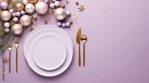  a white plate sitting on top of a white plate next to a silver fork and a white plate on top of a white plate on a purple surface with christmas decorations.