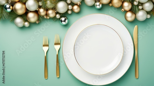  a plate with a fork, knife, and spoon next to a christmas ornament on a green background with gold and silver ornaments and a place setting for two.