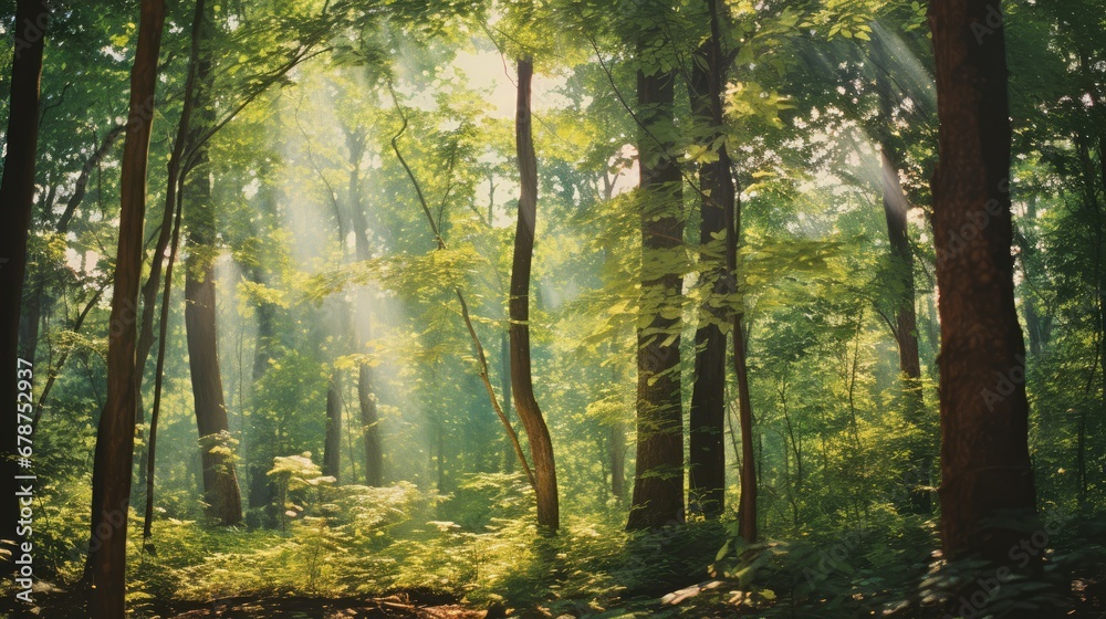 Fototapeta premium a painting of sunlight shining through the trees in a green forest with lush green leaves on the trees and the sun shining through the leaves on the trees and on the ground.