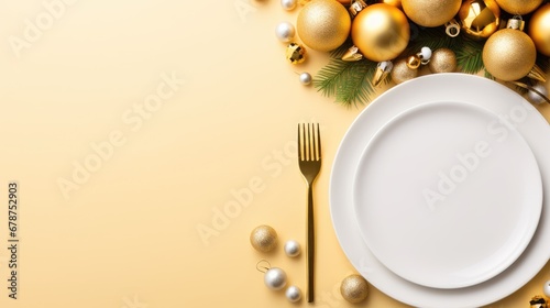  a white plate sitting on top of a white plate next to a fork and a christmas ornament on top of a white plate next to a golden christmas tree.