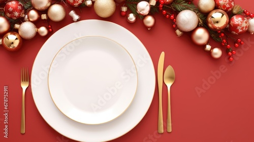  a white plate sitting on top of a white plate next to a silver fork and a white plate with a red and gold christmas ornament pattern on it.