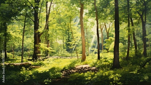  a painting of a lush green forest with sun shining through the trees and the sun shining through the trees on the right side of the painting is a path to the left.