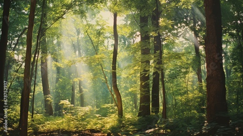 a painting of sunlight shining through the trees in a green forest with lush green leaves on the trees and the sun shining through the leaves on the trees and on the ground.
