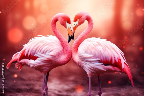 Couple pink flamingos birds in love with bokeh background  Valentine s day background concept. 