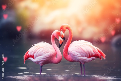 Couple pink flamingos birds in love with bokeh background, Valentine's day background concept. 