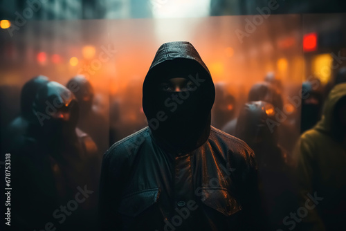 Crowd of people in black balaclava protesting in night city. Protest, uprising, march or strike in city street. Suppression of protest by police officers with shields. Anonymous activists