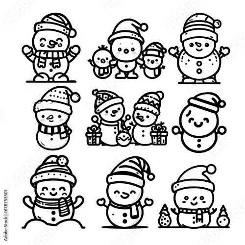 set icons of Christmas  line icons black and white with white background  illustration  Art  cute icon snow man.