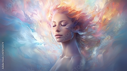 Mind-Body Connection. Synchronized mind and body have primary benefits to life. Woman face with energy flow waves. Harmonious Blend of Mind and Body