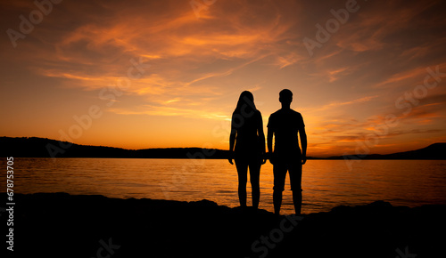 sylwetka mężczyzny i kobiety na plaży przy zachodzie słońca