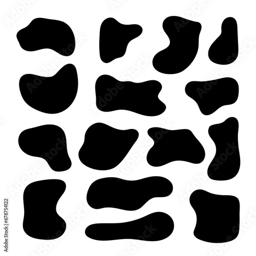 Abstract liquid irregular blob shapes set. Modern Organic Fluid Splodge Collection. Black Asymmetric Blotch Silhouette Form. aqua spot Vector Illustration