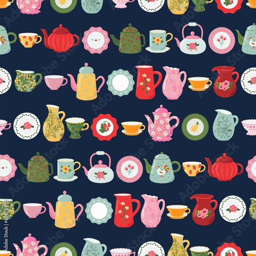 Ceramic crockery texture. dishes, antique plates, milk jugs, cups, mugs, teapots and kettles vector seamless pattern