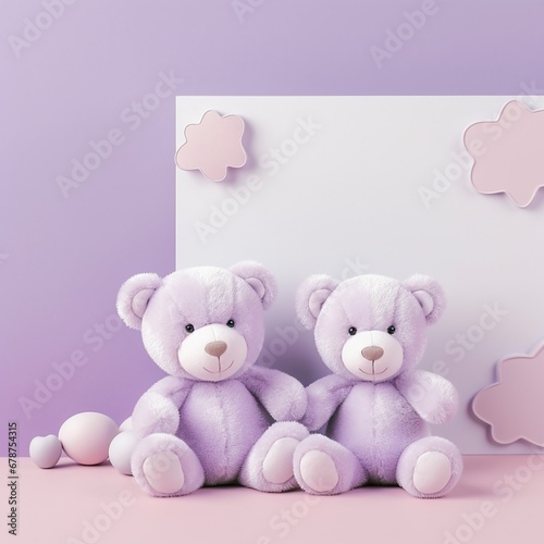 pastel violet background template with 2 teddy bears , AIgenerated 