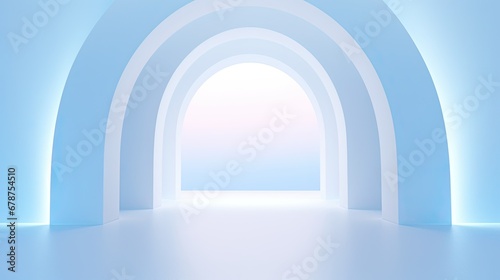 Sleek product display stage with blue sunburst archway backdrop.