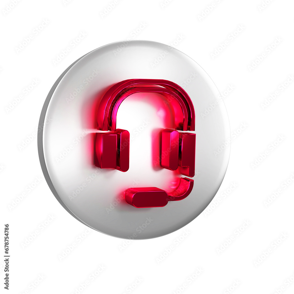 Red Headphones with microphone icon isolated on transparent background. Silver circle button. Red Headphones with microphone icon isolated on transparent background. Silver circle button.