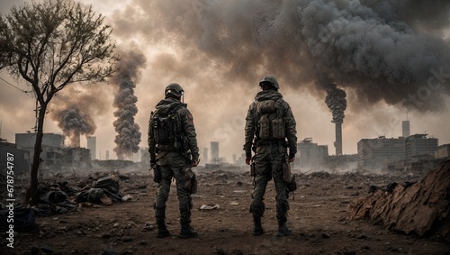 Two soldiers standing in front of a smoking factory, showcasing their vigilant presence.