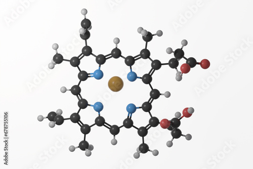 Ball and stick model of heme molecule with double bonds shown, against a white background