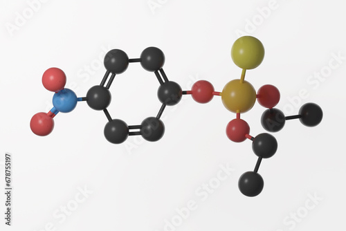 Ball and stick model of parathion molecule with double bonds shown, against a white background