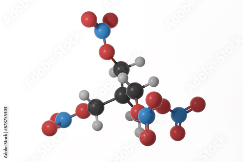 Ball and stick model of pentaerythritol tetranitrate (PETN) molecule with double bonds shown, against a white background. photo