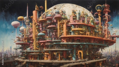 Vivid painting showcasing a futuristic cityscape, enhanced by the presence of numerous oversized balloons
