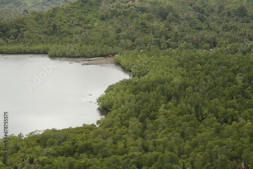 Drone shot of a lake surrounded by green trees in a valley