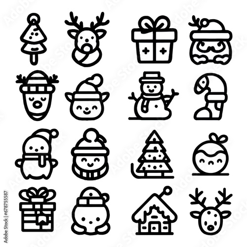 set icons of Christmas, line icons black and white with white background, illustration, Art, cute icon snow man, PNG. © Sackda