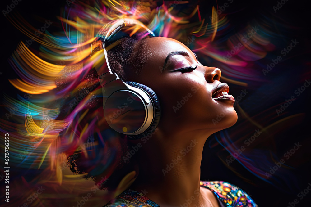 African woman wearing headphones, enjoying music flow, feeling emotions in vibrant color vibes, colorful dynamic sound waves and abstract digital light effects covering her hair on black background - obrazy, fototapety, plakaty 