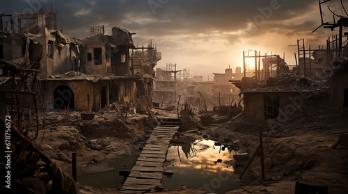 Stadt verwüstet durch Krieg, Konflikt, Schlacht, Verwüstung, Ruine, Zerstörung, Flüchtling photo