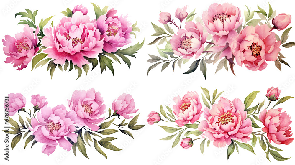 Obraz premium Watercolor pink flowers ornament set. Hand drawn isolated on transparent background.
