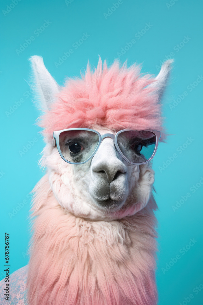 Alpaca portrait with rose pink wearing sunglasses on blue background