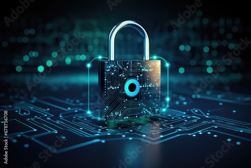 Digital padlock for computing system on dark blue background, cyber security technology for fraud prevention and privacy data network protection concept