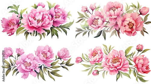 Watercolor pink flowers ornament set. Hand drawn isolated on transparent background. © gusion