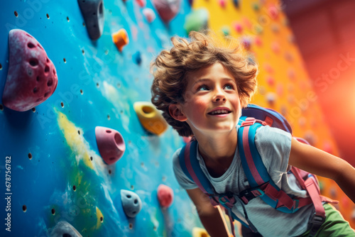 A young child climber on an indoor wall.