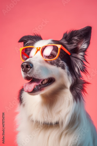 Border collie wearing orange sunglasses on pink background © Ryan