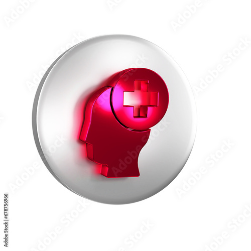 Red Male head with hospital icon isolated on transparent background. Head with mental health, healthcare and medical sign. Silver circle button. photo